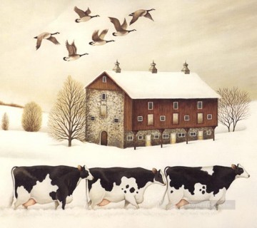 動物 Painting - 冬の牛とマガモ